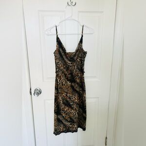 Leopard and Floral Print Slip Dress with bottom lace hem Midi Length in size M